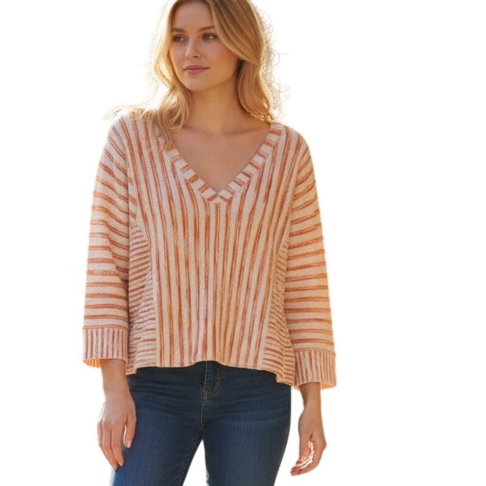 Soft Surroundings Striped V-Neck Top Womens Large Coral Reef Orange Casual